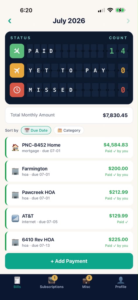 PayPilot Bills screen