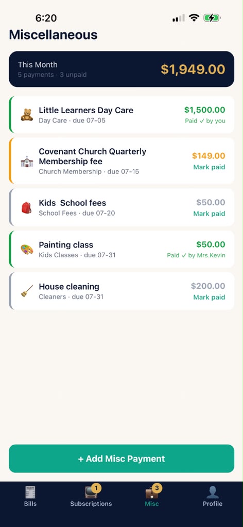 PayPilot Miscellaneous screen