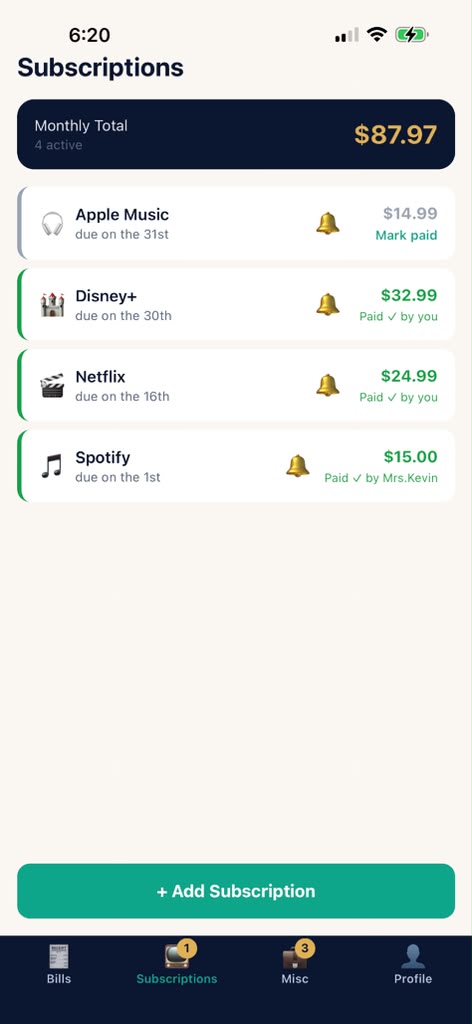 PayPilot Subscriptions screen