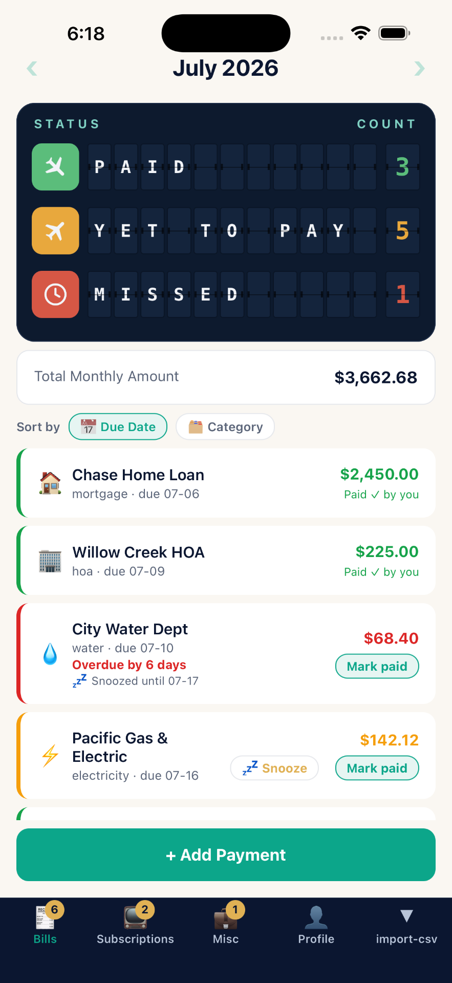 PayPilot Bills screen showing paid, yet to pay and missed payment statuses